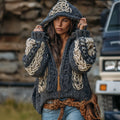 Women's Celtic Knot Jacquard Chunky Knit Contrast Zip Hooded Sweater artswardrobe