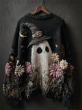 Halloween Lovely Witch Hat Ghost Floral Cozy Knit Sweater artswardrobe