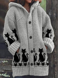 Comstylish Vintage Black Cat Art Print Cozy Button Sweater