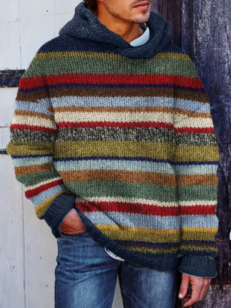 Men's Retro Colorful Striped Cozy Knit Hooded Sweater artswardrobe