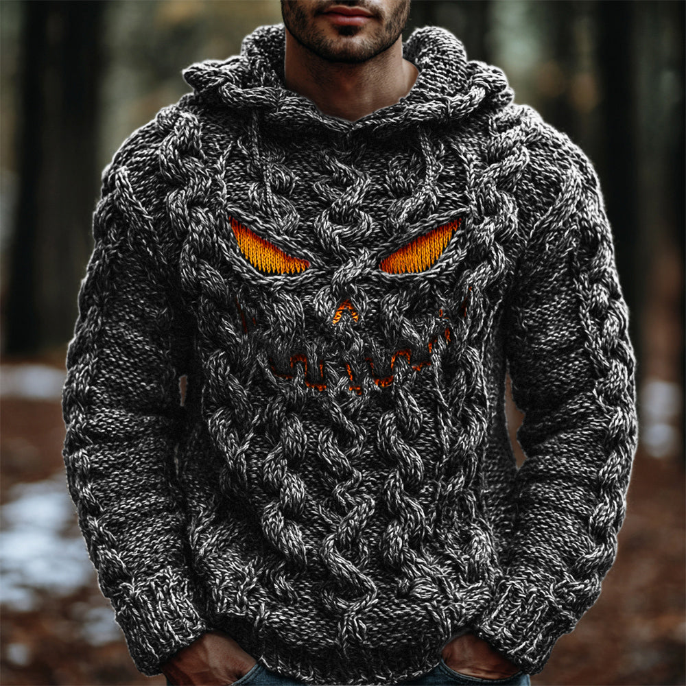 Halloween Evil Pumpkin Emoji Men's Chunky Knit Hooded Sweater artswardrobe