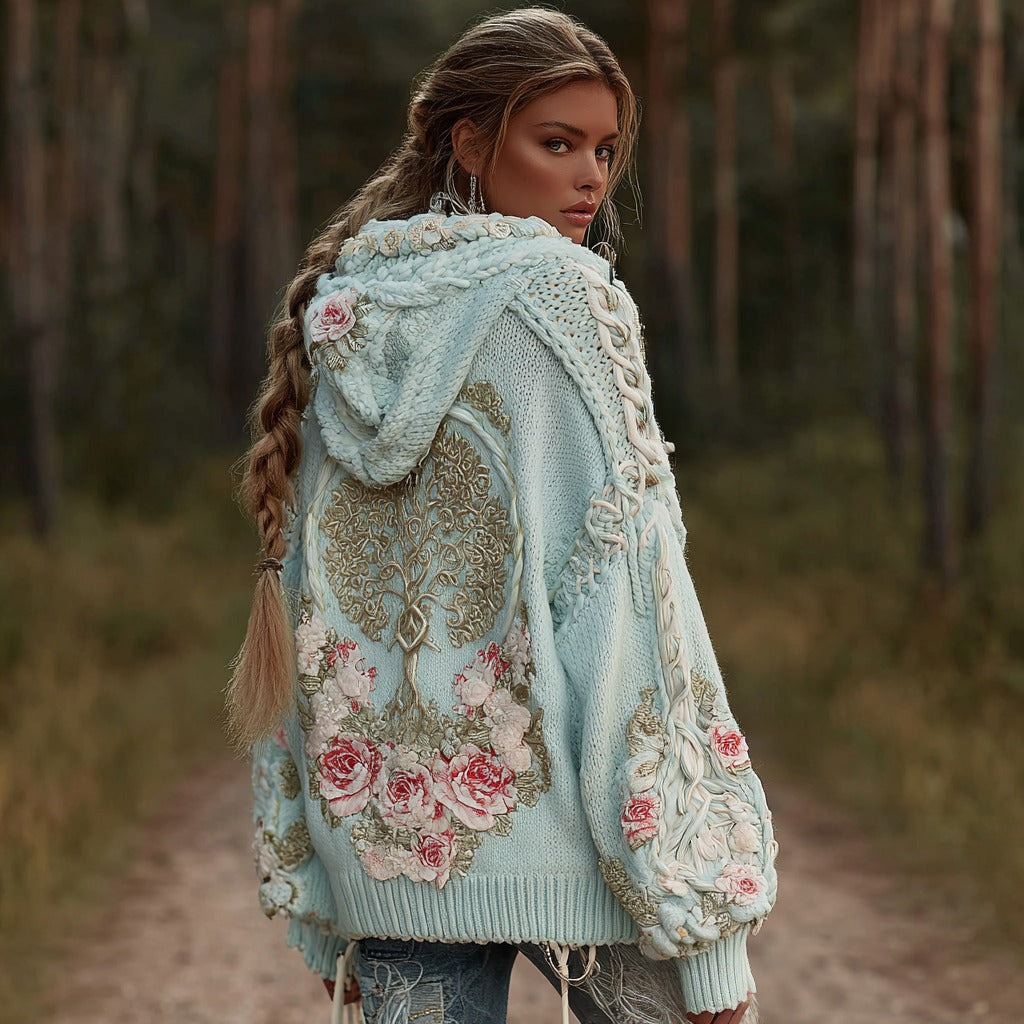 Comstylish Women's Vintage Viking Metal Tree Of Life And Roses Knitted Hooded Sweater