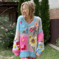 Women's Vintage Floral Embroidery Patchwork Art V-neck Pullover Knit Sweater artswardrobe