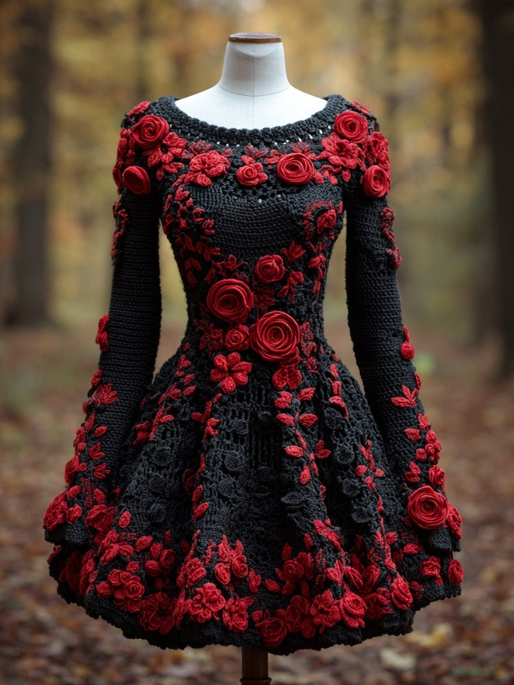 Comstylish Vintage Gothic Roses Crochet Art Sweater Dress