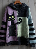 Halloween Pocket Black Cat Patchwork Color Hooded Sweater artswardrobe