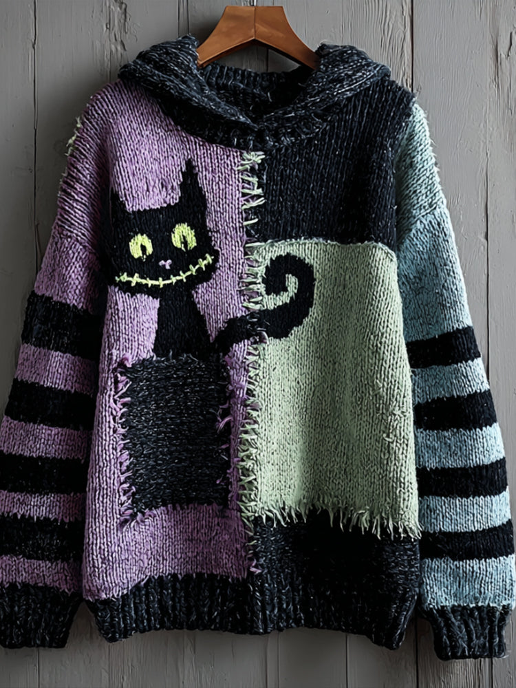Halloween Pocket Black Cat Patchwork Color Hooded Sweater artswardrobe