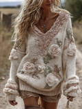Women's Vintage Romantic White Rose Embroidery Art Long Sleeve V-neck Sweater artswardrobe