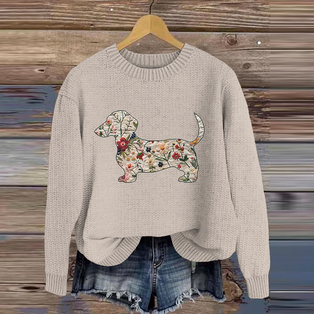 Vintage Classic Dachshund In Floral Art Inspired Embroidered Cozy Knit Sweater artswardrobe