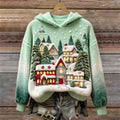 Christmas Houses Art Women's Cozy Plush Hooded Sweater