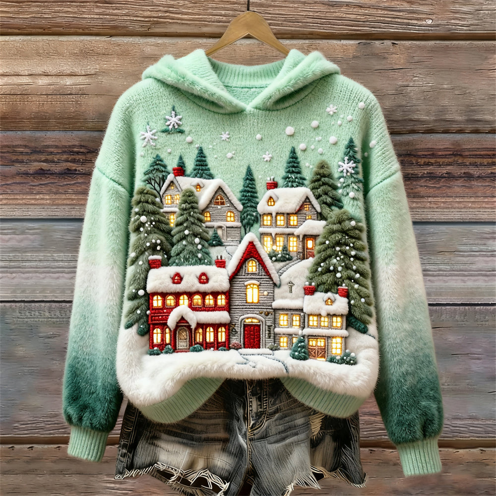 Christmas Houses Art Women's Cozy Plush Hooded Sweater