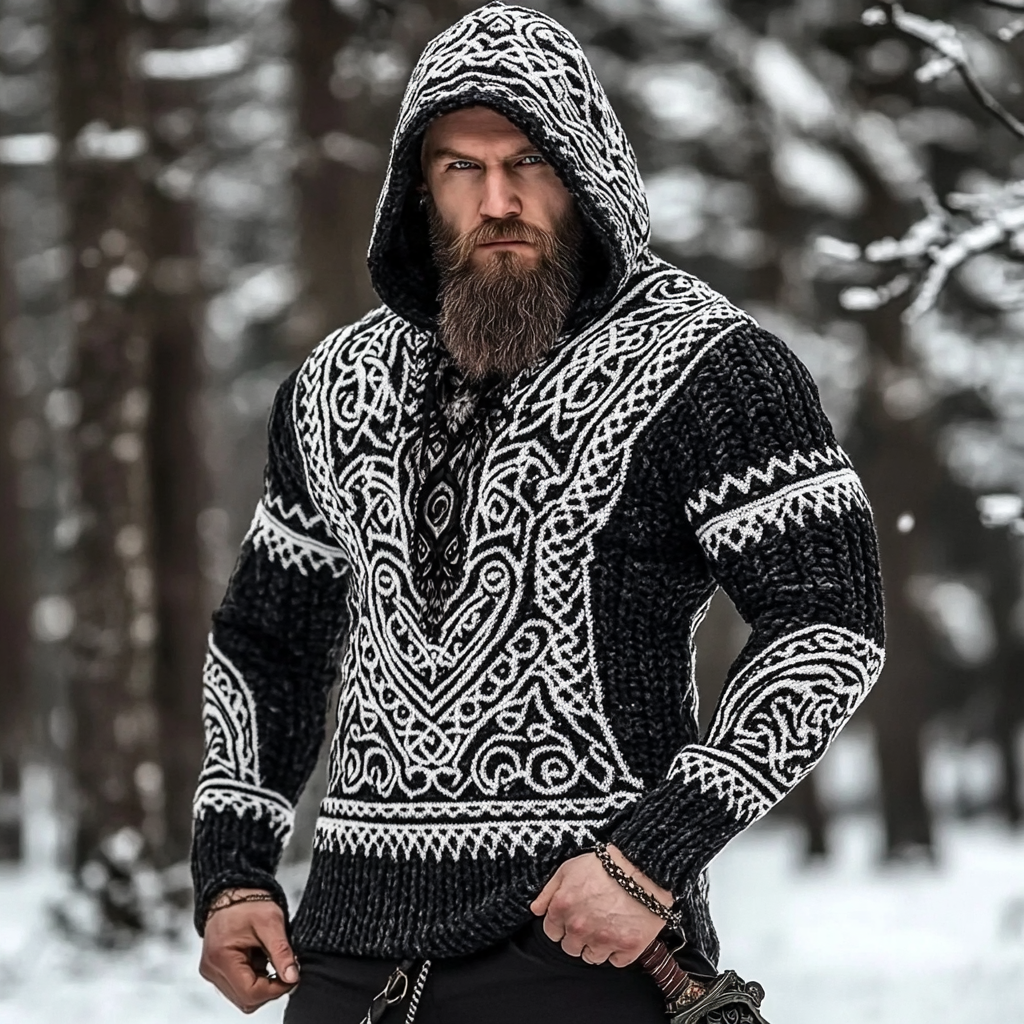 Men's Viking Rune Style Celtic Thick Hooded Sweater elevenforest