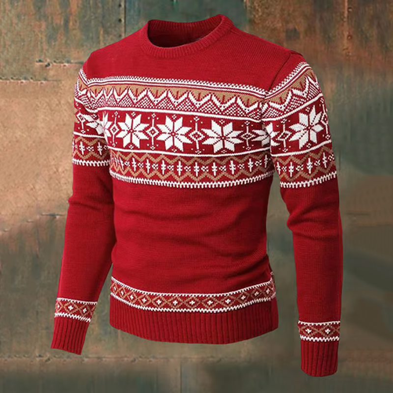 Comstylish Men's Vintage Christmas Snowflake Pattern Art Printed Knitted Warm Crew Neck Sweater