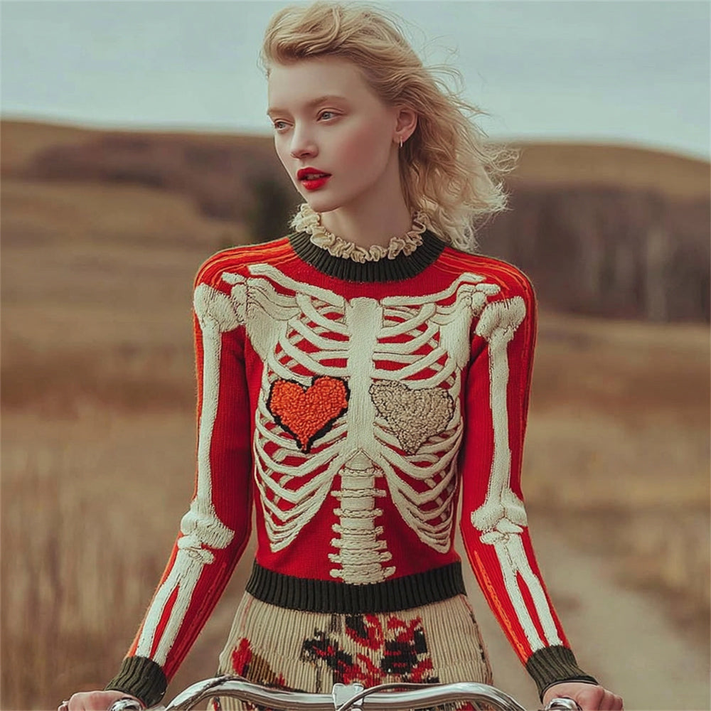 Comstylish Retro Human Skeleton & Heart Art Women's Knit Sweater