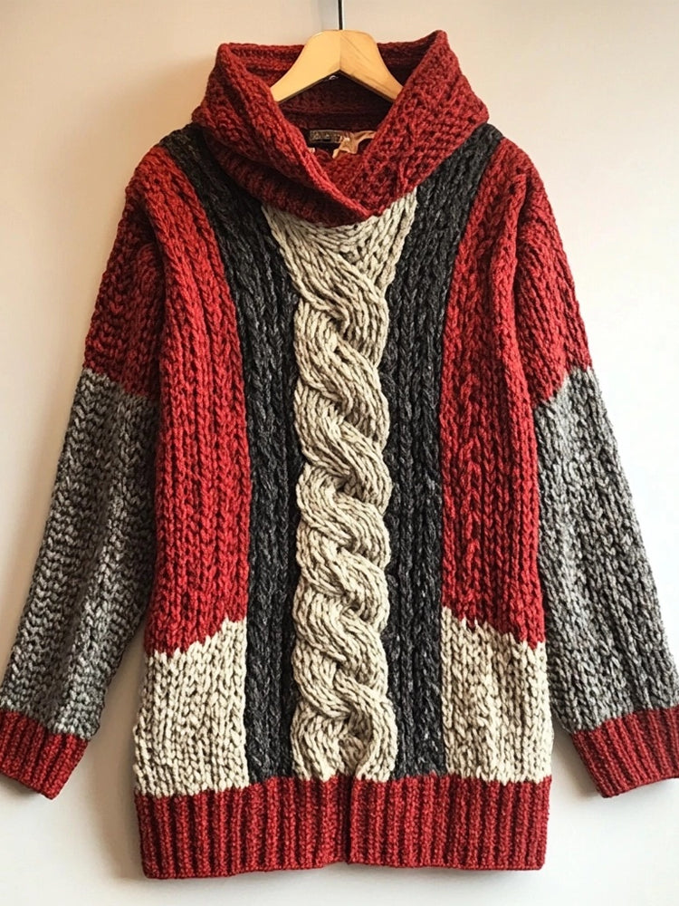 Classic Celtic Jacquard Contrast Color Cozy Chunky Hooded Sweater artswardrobe