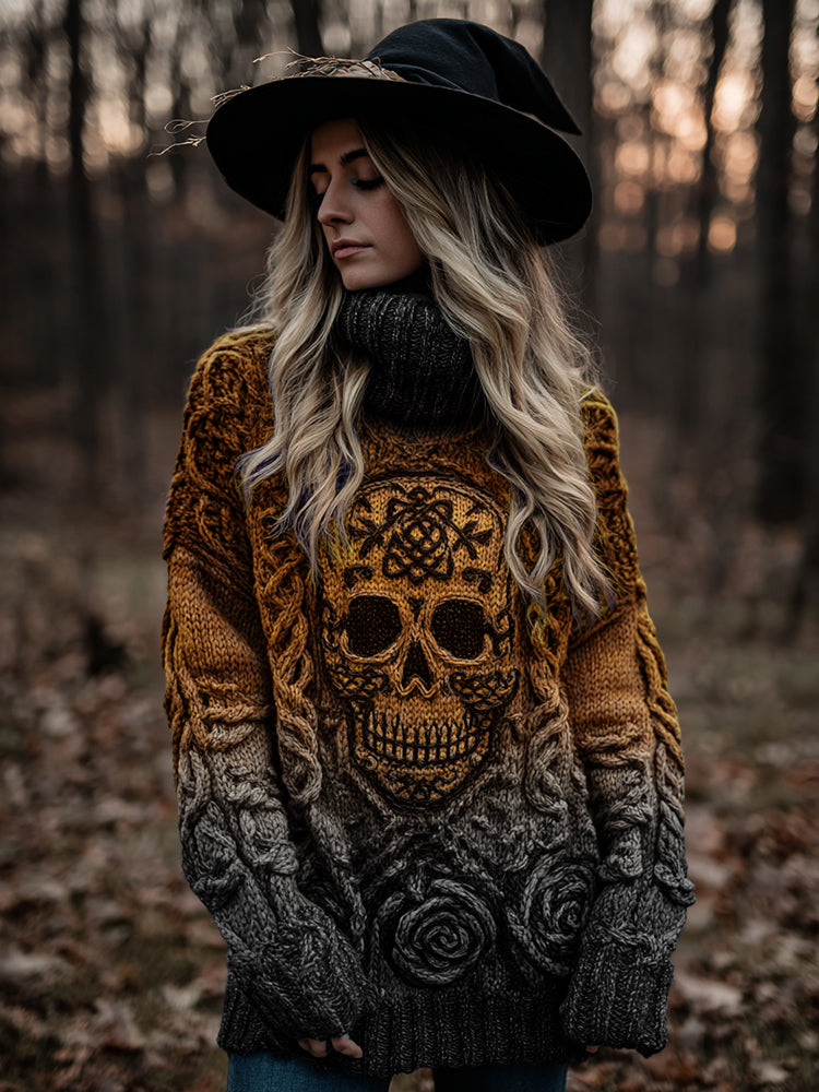Women's Viking Tribal Jacquard Celtic With Rose And Skull Inspired Chunky Knit Hooded Sweater artswardrobe