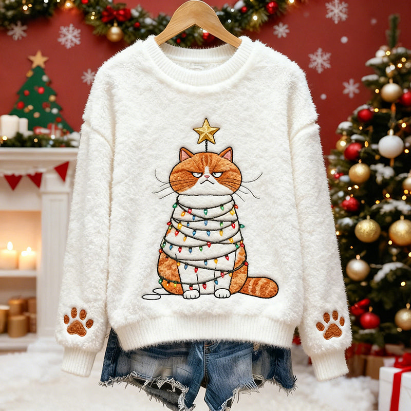 Comstylish Cute Fairy Light Cat And Star Pattern Warm Crew Neck Sweater
