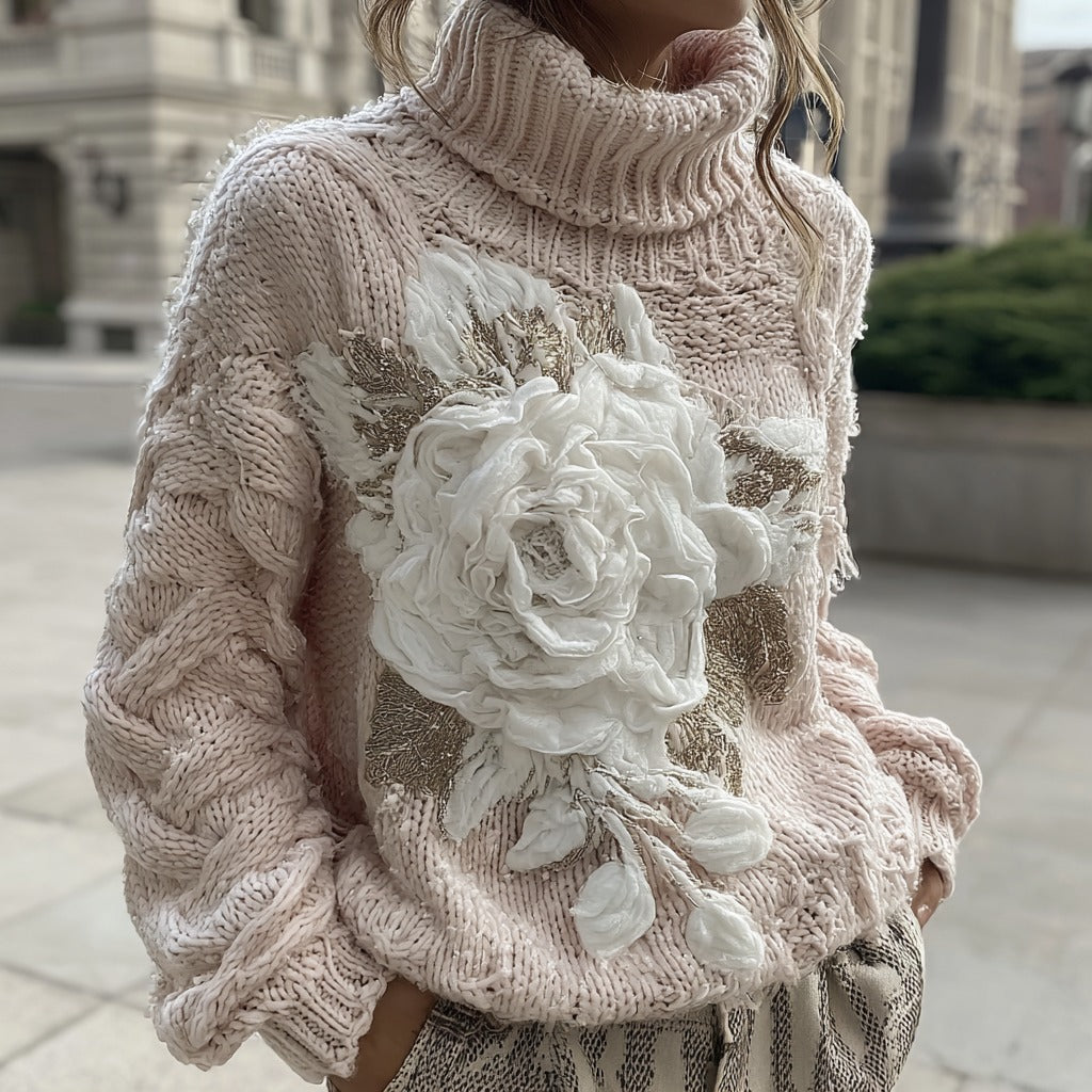 Women's Vintage Pink Rose Chunky Knit Turtleneck Sweater artswardrobe