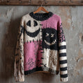 Halloween Spooky Faces Patchwork Stitched Cozy Knit Sweater artswardrobe