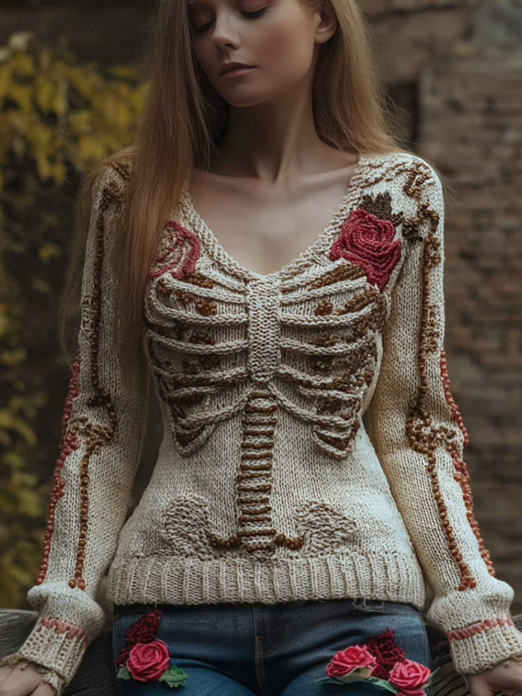 Comstylish Ladies' V-neck Knitted Sweater With Halloween-themed Line Art And Botanical Floral Design.