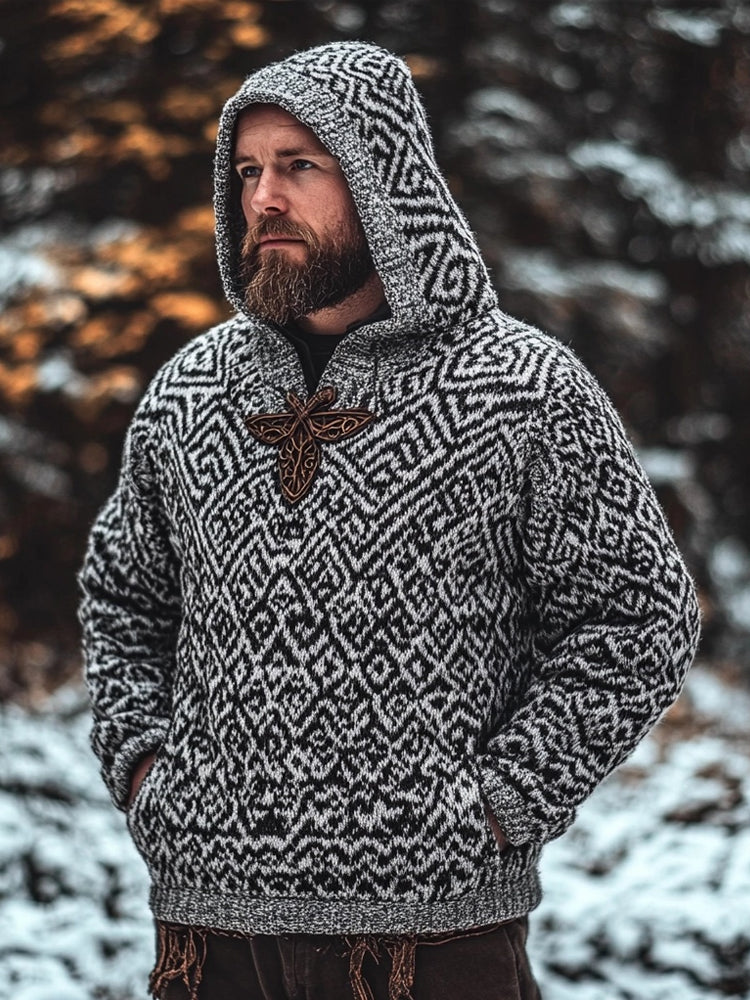 Men's Viking Inspired Celtic Jacquard Cozy Hooded Sweater artswardrobe