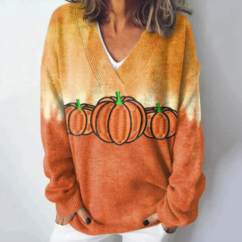 Halloween Pumpkin Print V-Neck Cozy Knit Sweater artswardrobe