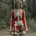 Comstylish Women's Vintage Halloween Skeleton Bones Rose Comfortable Elegant Sweater Dress