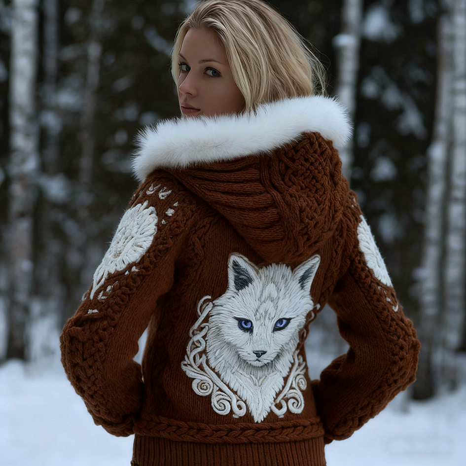 Comstylish Viking Retro Style Cat Embroidery Pattern Women's Knit Hooded Sweater Jacket