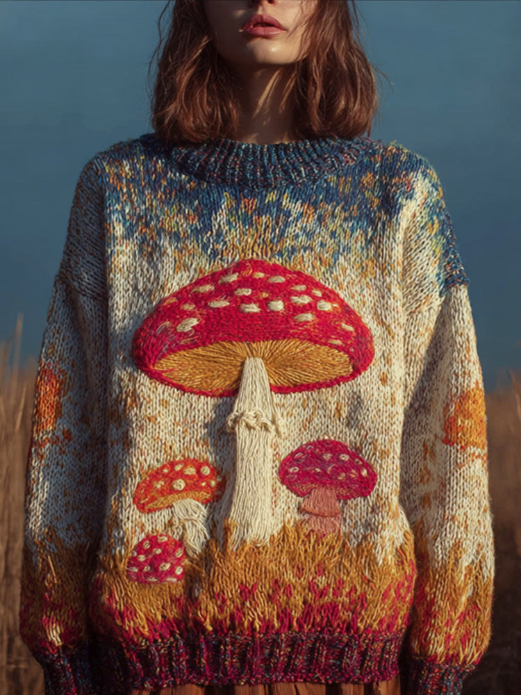 Comstylish Women's Retro Mushroom Print Crew Neck Sweater