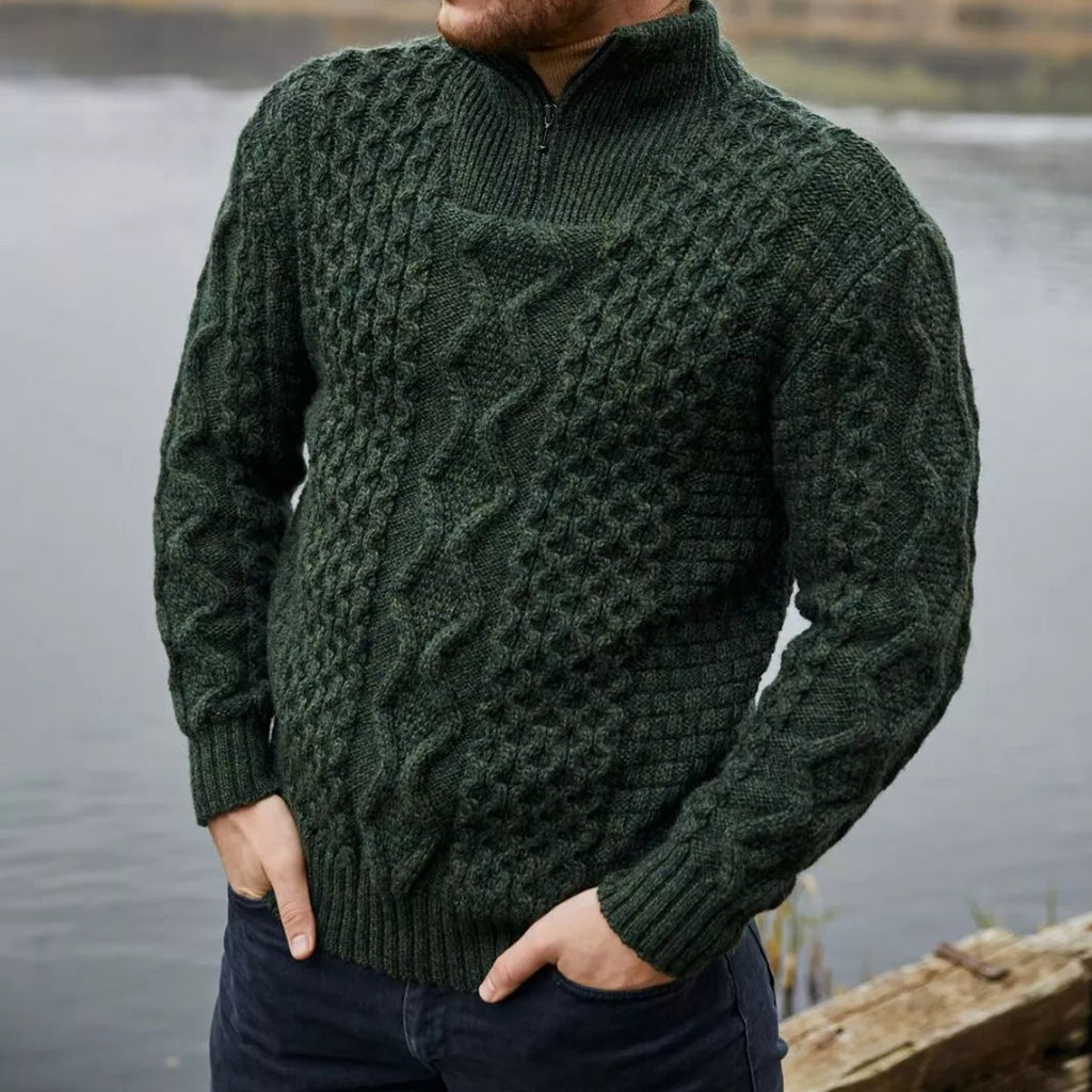Men'S Vintage Cable Knit Aran Zip Neck Turtleneck Sweater elevenforest