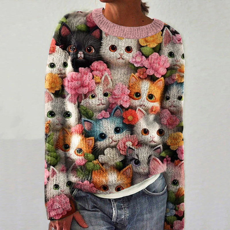 Vintage Cute Cats And Floral Art Cozy Sweater elevenforest