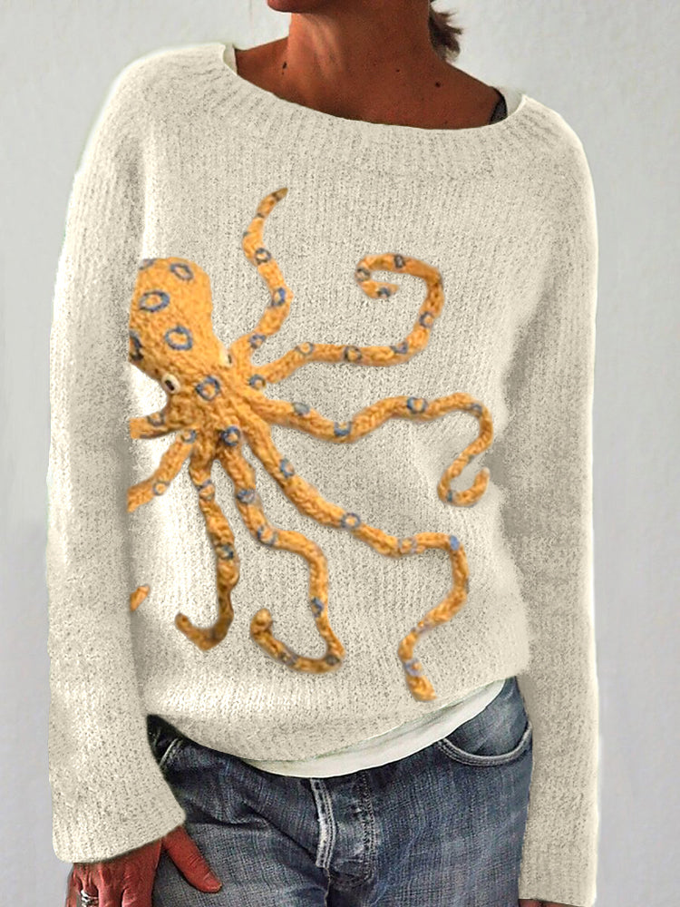 Women's Cute Octopus Embroidery Pattern Cozy Knit Sweater artswardrobe