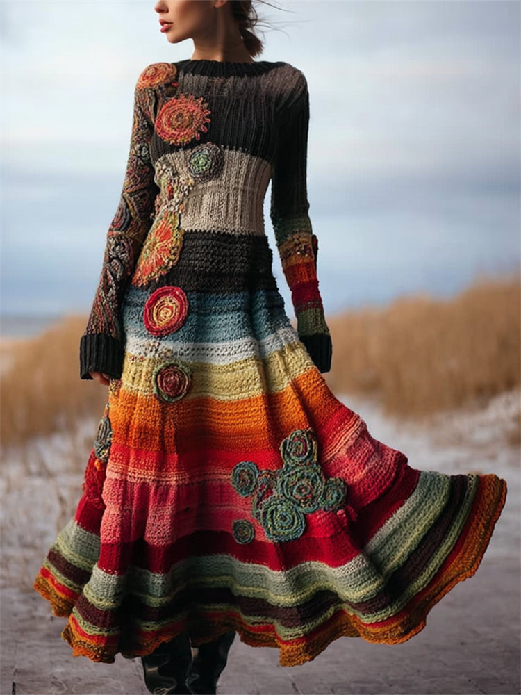 Comstylish Boho Floral Crochet Colorful Striped Maxi Sweater Dress