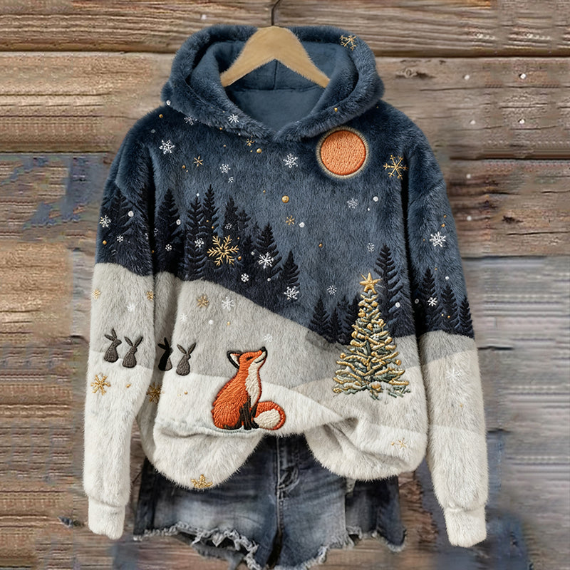 Forest Snow Fox Christmas Tree Plush Hooded Sweater
