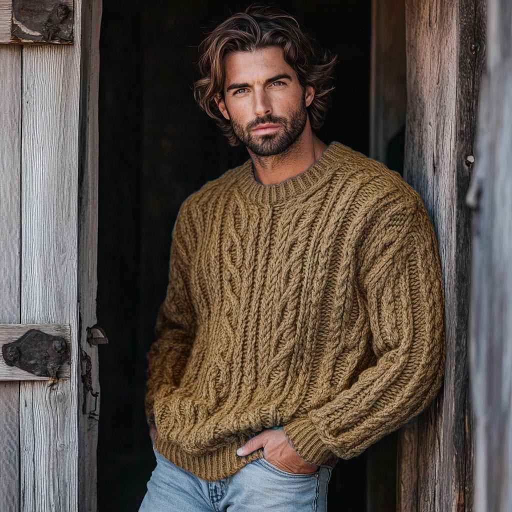 Men'S Burlap Jacquard Crew Neck Aran Sweater artswardrobe