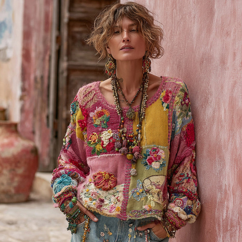 Women's Vintage Floral Embroidery Patchwork Art Pullover Knit Sweater artswardrobe