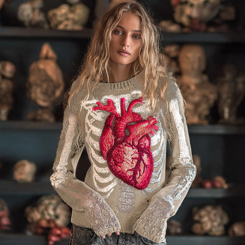 Women Halloween Human Bones Beating Red Heart Embroidery Antique Round Neck Sweater artswardrobe