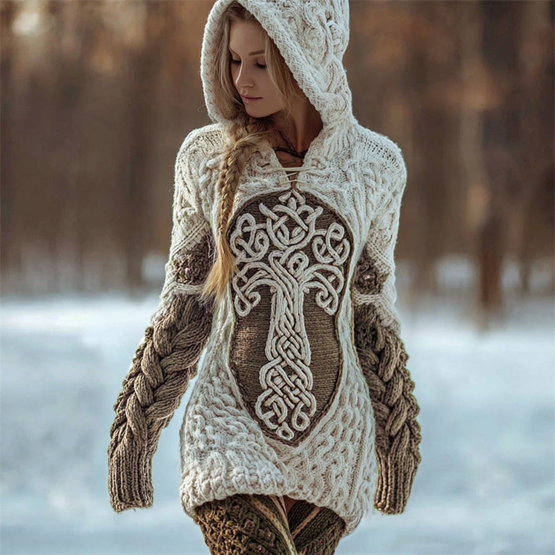 Viking Tree Of Life Celtic Contrast Cozy Chunky Hooded Sweater artswardrobe