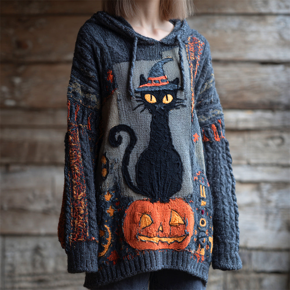 Halloween Cat In A Witch Hat & Pumpkin Lady Knit Hooded Sweater elevenforest