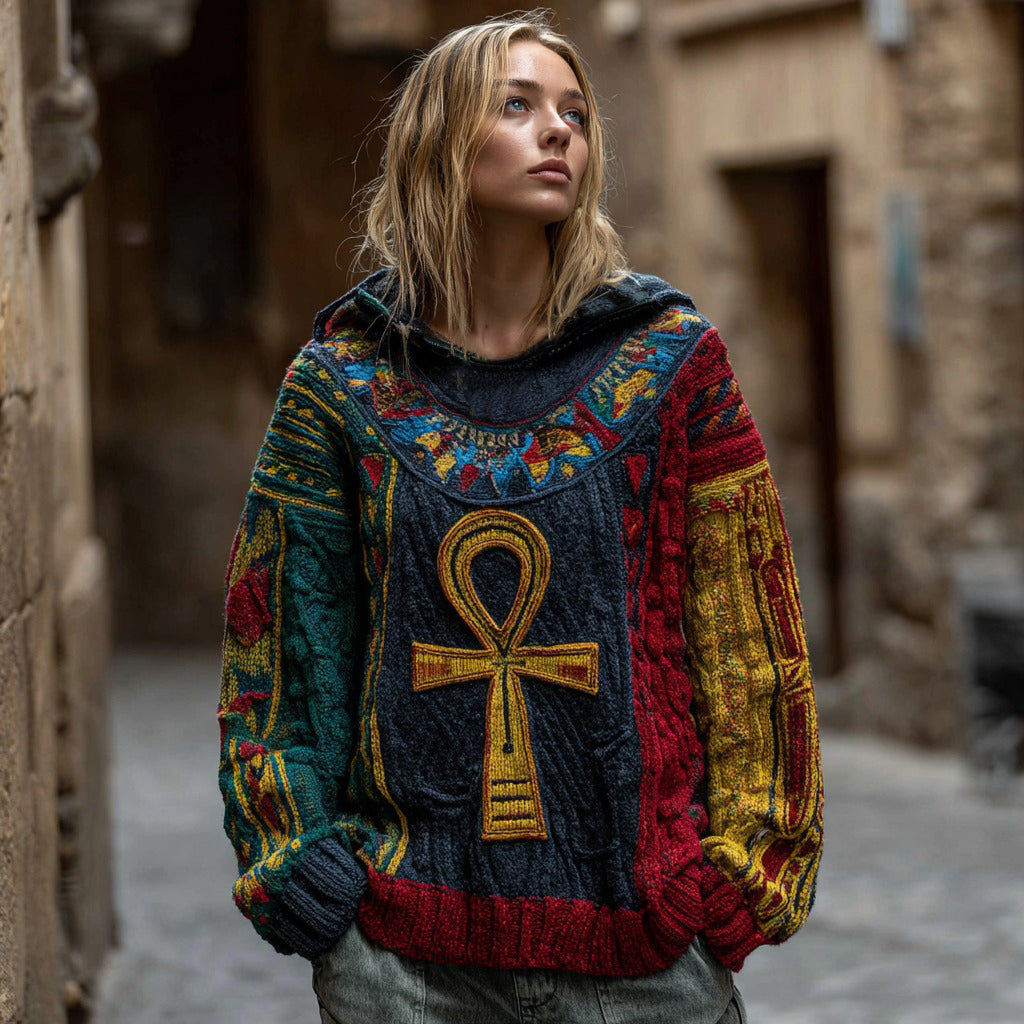 Comstylish Women's Vintage Ancient Egyptian Ankh Art Contrast Knit Hooded Sweater
