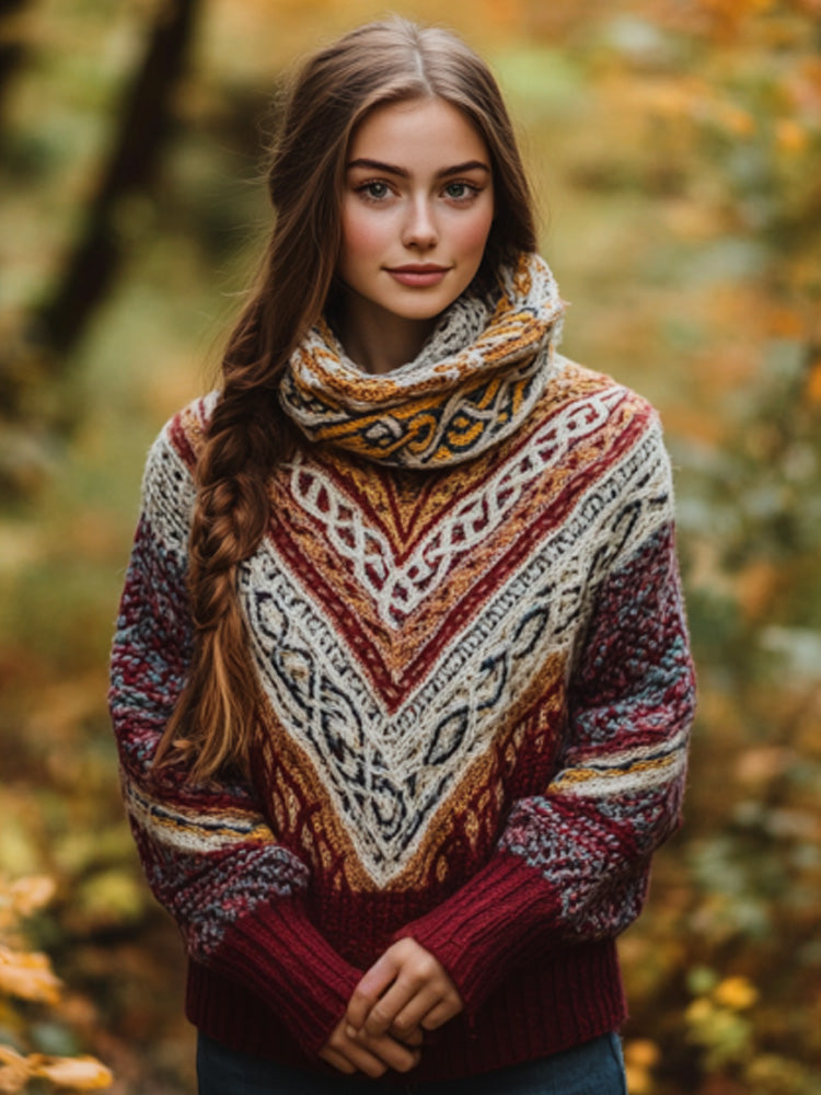 Women's Irish Rainbow Pattern Jacquard Pocket Cozy Sweater elevenforest