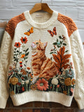 Orange Cat Fall Floral Embroidered Cozy Knit Sweater elevenforest
