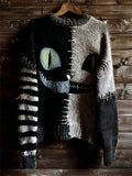 Halloween Spooky Smiling Cat Face Contrast Stitched Knit Sweater artswardrobe