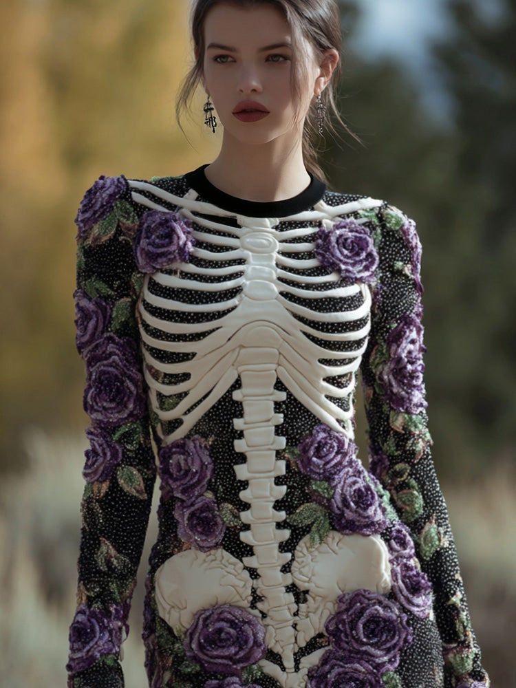 Comstylish Women's Vintage Halloween Skeleton Bones With Rose Art Cozy Knit Mini Sweater Dress