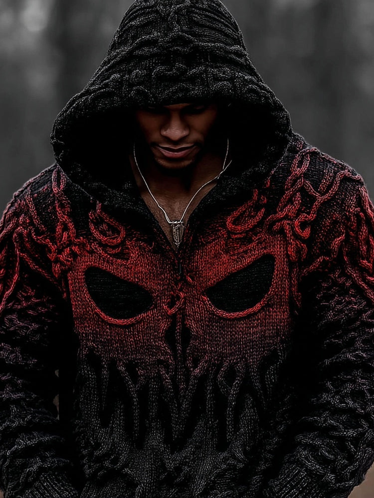Men's Vintage Spooky Face Gradient Chunky Hooded Sweater artswardrobe