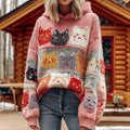 Comstylish Women's Colorful Cats Pattern Art Cozy Knit Hooded Sweater
