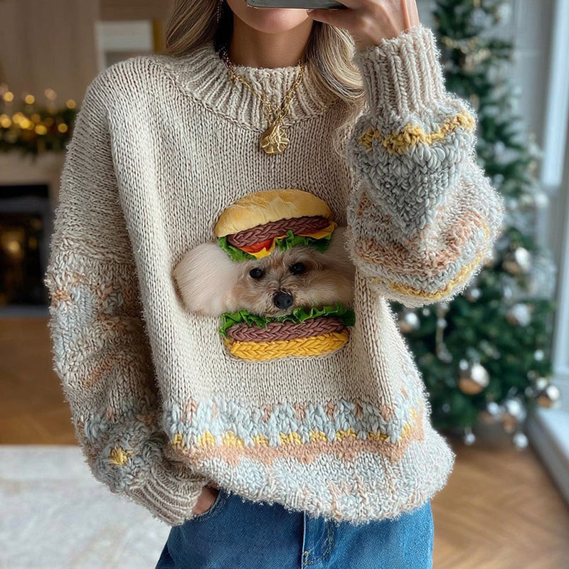 Comstylish Vintage Funny Hamburger Puppy Cozy Knit Sweater