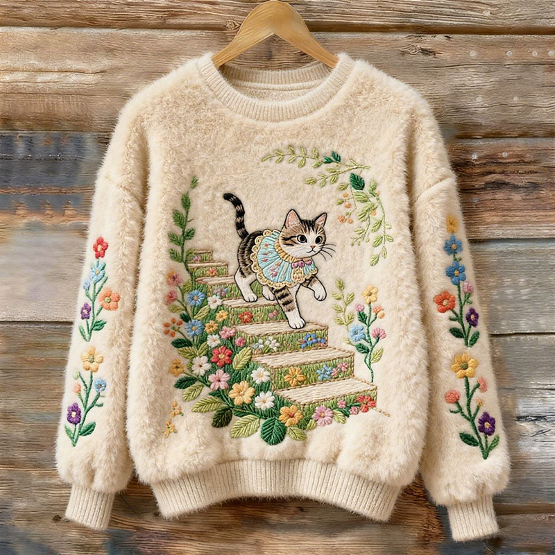 Cute Cat Walking On A Staircase Covered With Flowers Art Women's Cozy Plush Sweater