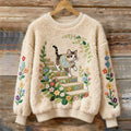 Comstylish Cute Cat Walking On A Staircase Covered With Flowers Art Women's Cozy Plush Sweater