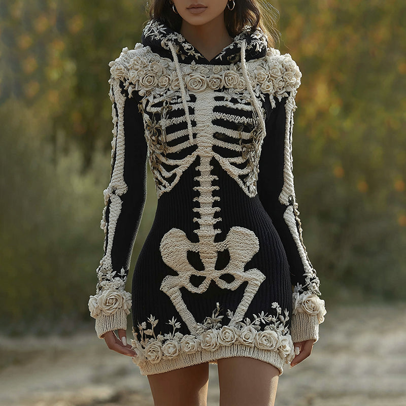 Comstylish Women's Halloween Skeleton Bones With Roses Art Cozy Knit Hooded Sweater Dress