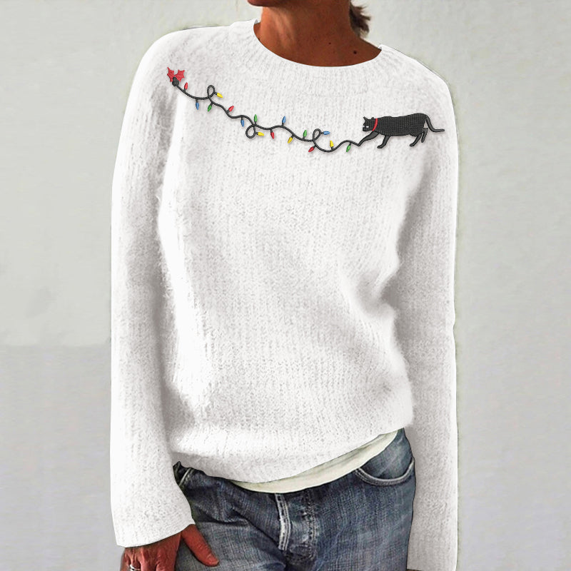 Comstylish Women's Christmas Black Cat Light Embroidery Art Knitted Casual Sweater
